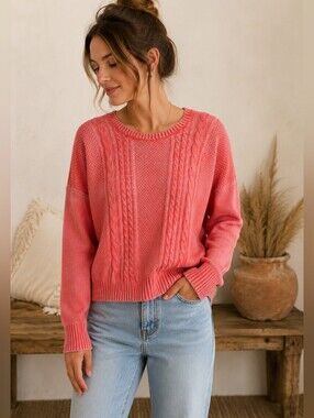 Anthropologie Nümph | Cable Knit Sweater in Fluorescent Coral, Size S